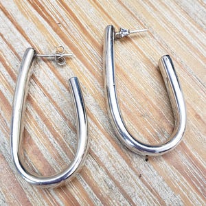 Vintage Sterling Silver Half Long Hoop Earrings 925 Mexico