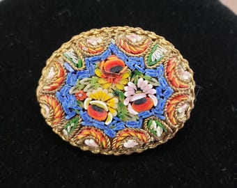 Antique Micro Mosaic Flowers Oval Brooch Light Blue Multicolor Italy