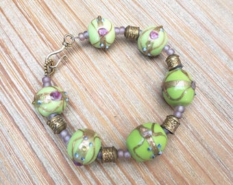 Vintage Murano Green Wedding Cake Glass Beads Bracelet