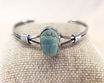 Vintage Sterling Silver Scarab Faience Cuff Bracelet Egyptian Revival