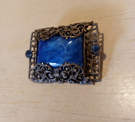 Antique Art Deco Filigree with Blue Marble and Rh… - image 8