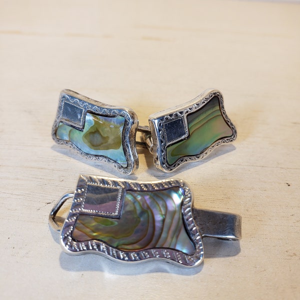 Vintage Sterling Silver Abalone Cufflinks Tie Clip Set Signed Herrera Mexico