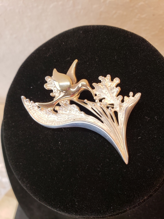 Vintage Sterling Silver Two Tone Flower and Bird … - image 1