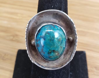 Anillo vintage de plata de ley con crisocola nativa americana, talla 7