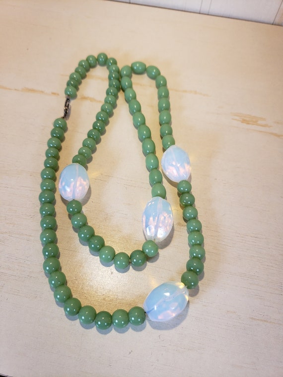 Vintage Opaline and Sage Green Glass Bead Necklac… - image 1