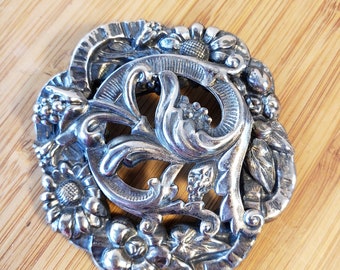 Vintage Jeanne Silver Tone Art Nouveau Style Floral Brooch