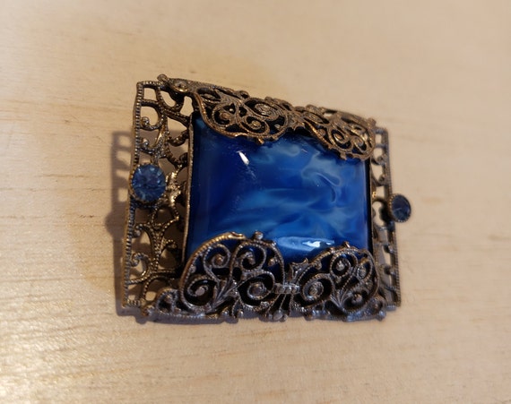 Antique Art Deco Filigree with Blue Marble and Rh… - image 7