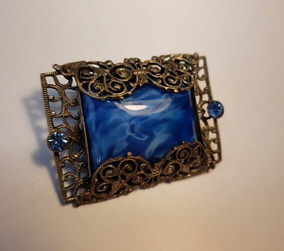 Antique Art Deco Filigree with Blue Marble and Rh… - image 3