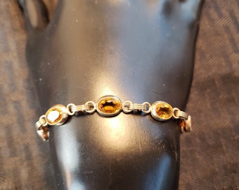 Vintage 12K Gold Filled Faceted Citrine Glass Bracelet with Safety Chain LAS