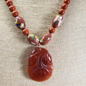 Carved Carnelian Cloisonne Longevity Peach Pendant Necklace Vintage