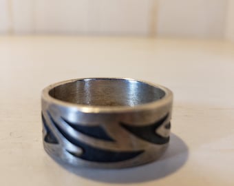 Vintage Sterling Silver Wide Band Tribal Engraved Ring Signed 925 Mexico Size 8.5