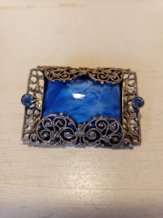 Antique Art Deco Filigree with Blue Marble and Rh… - image 9
