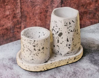 Ensemble d'accessoires de bain unique en terrazzo, décoration de lavabo en béton moderne, fait main, porte-brosse à dents, idées cadeau pour une nouvelle maison