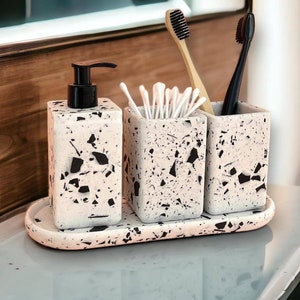 Terrazzo Bathroom Accessory Set, Black and White Soap Dispenser with Pump, Minimal Toothbrush Holder with Tray, Unique New Home Gifts