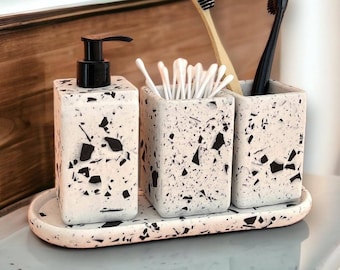 Ensemble d'accessoires de salle de bain terrazzo, distributeur de savon noir et blanc avec pompe, porte-brosse à dents minimaliste avec plateau, cadeaux uniques pour la nouvelle maison