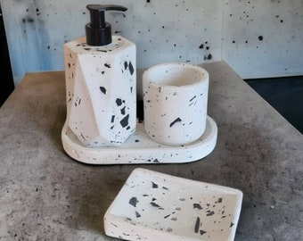 White Terrazzo Concrete Bathroom Accessory Set: Soap Dispenser, Tray