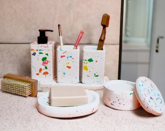 Terrazzo Bathroom Accessory Full Set, Modern Colorful Toothbrush Holder, Round Cotton Pad Jar, Liquid Soap Bottle, Minimal Soap Dish Tray