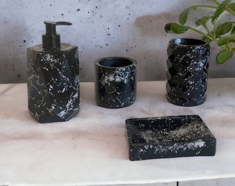 Black and Silver Bathroom Set, Marble Pattern Soap Bottle Set, Concrete Lux Restroom Accessory of Concrete, Handmade Gift for Women