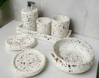 Ensemble de salle de bain personnalisé en terrazzo, distributeur de savon marron, noir et gris, brosse à dents et porte-serviettes, plateau rectangulaire, cadeau pour la maison neuve