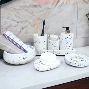 Terrazzo Bath Accessory Set with Tray, Concrete Soap Dispenser, Toothbrush, Ear Stick and Towel Holder, Rectangular Tray, New Home Gift