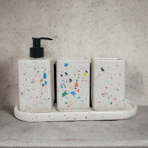Small Terrazzo Bath Accessory Set Modern, Soap Dispenser with Pump, Colorful Toothbrush Holder, Kids and Baby Bathroom Set, First Home Gift