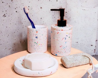 Terrazzo Soap Dispenser with Pump, 3 Pcs Concrete Bath Sink Accessory Set, Cute Kids Bath Set, Handmade Home Decor, Housewarming Gift Ideas