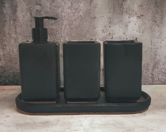 Minimal Black Concrete Bathroom Accessory Set, Small Lotion Dispenser with Pump, Cool Toothbrush Holder with Tray, New Home Decor Gift Ideas