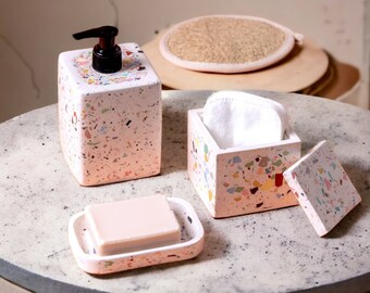 Terrazzo Concrete Bathroom Counter Accessory Set Modern, Colorful Liquid Soap Dispenser with Pump, Colorful Bath Organizer, First Home Gift