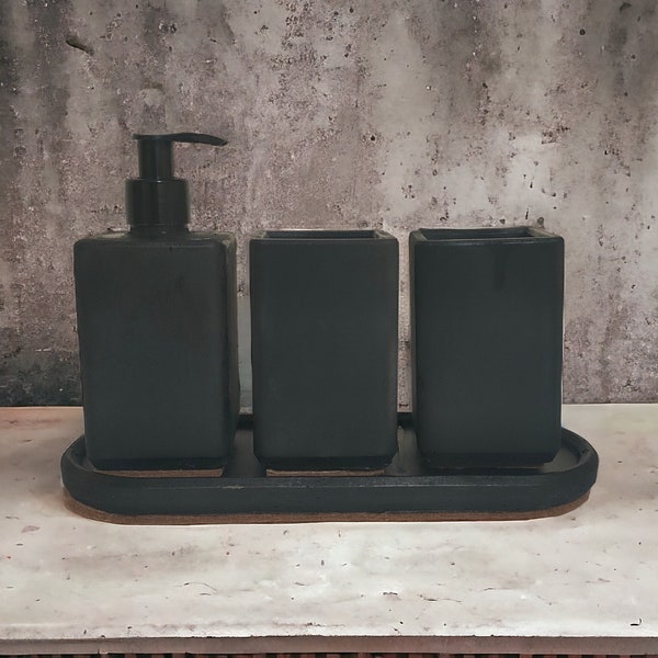 Minimal Black Concrete Bathroom Accessory Set, Small Lotion Dispenser with Pump, Cool Toothbrush Holder with Tray, New Home Decor Gift Ideas