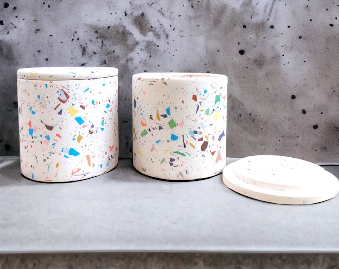 Terrazzo Round Jar with Lid, Spice and Dry Food Pottery, Candle Container, Handmade Canister, Personalized Jewelry Box, Gift for Mother