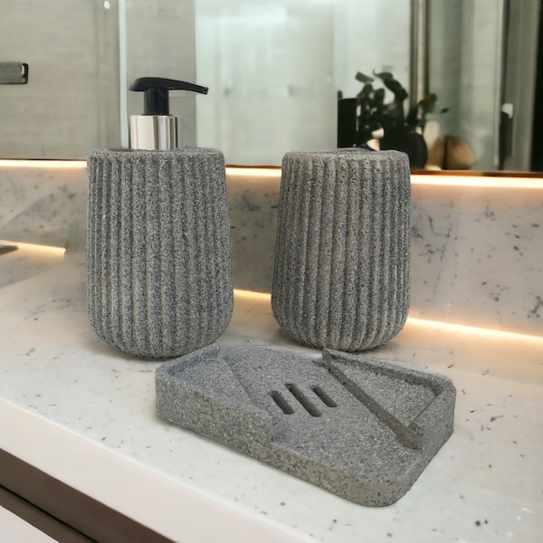 Handmade Granite Effect Bath Set, Concrete Bath Sink Accessory, Stone RibbedLiquid Soap Dispenser Bottle, Toothbrush Holder, Home Gift Idea