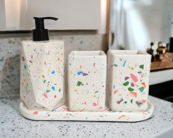 Terrazzo Bathroom Accessory Set: Concrete Soap Dispenser, Toothbrush Holder & Tray