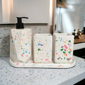 Terrazzo Bathroom Accessory Set of 4, Modern Soap Dispenser with Pump, Colorful Toothbrush Holder with Tray, Kids Bathroom Counter Set