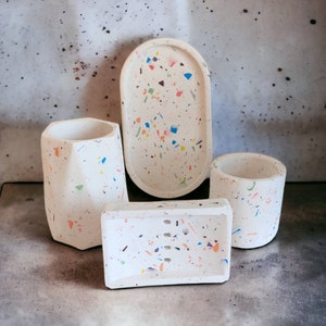 Terrazzo Bathroom Set Modern, Concrete Toothbrush Holder, Minimal Colorful Soap Dispenser, White Home Decoration, First House Gift