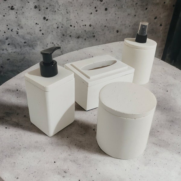 4 Pcs Light Beige Bathroom Accessory Set, Multipurpose Container with Lid, Concrete Napkin Holder and Minimalist Liquid Soap Dispenser