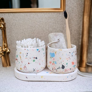 Terrazzo Concrete Bathroom Set: Handmade Toothbrush & Ear Stick Holder with Tray