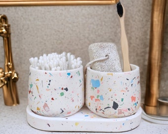 Colorful Terrazzo Bathroom Sink Storage Set Modern, Toothbrush and Ear Stick Holder with Oval Tray, Concrete Desk Tidy, New Couple Gift