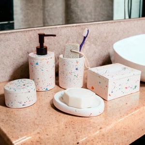 Terrazzo Soap Dispenser with Black Pump, 5 Pcs Concrete Bath Accessory Set Modern, Handmade Housewarming Gifts, Colorful Bath Sink Decor
