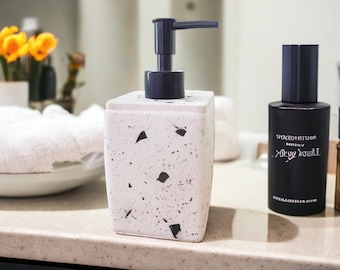 White Terrazzo Liquid Soap Dispenser, Lotion Bottle with Pump, Bathroom Counter Accessories, Handmade Bath Sink Bottle