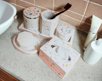 Bathroom Accessories Set Modern, Terrazzo Bathroom Storage, Colorful Toothbrush Holder, White Oval Soap Dish, Tissue Box, Housewarming Gift