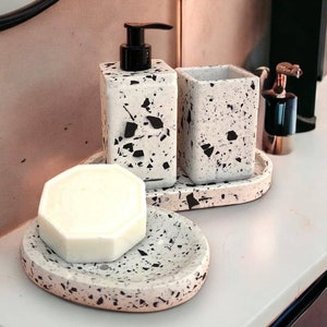 Handmade Terrazzo Concrete Bathroom Set: Soap Dispenser, Toothbrush Holder & Tray