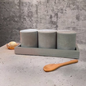 Concrete Round Jar with Lid, Spice and Dry Food Pot Set with Tray, Functional Boxes, Cement Seasoning Container, Gift for Kitchenlovers