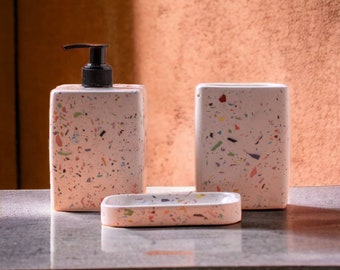 Colorful Modern Bathroom Accessories with Terrazzo, Soap Dish Set of 3, Concrete Electric Toothbrush Holder, Funny Fist Home Gift and Decor