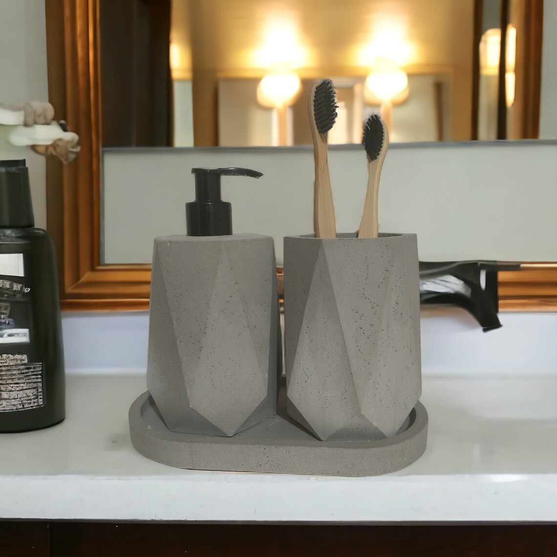 3 Pcs Concrete Bathroom Accessory Set, Modern Gray Soap Dish With Pump ...