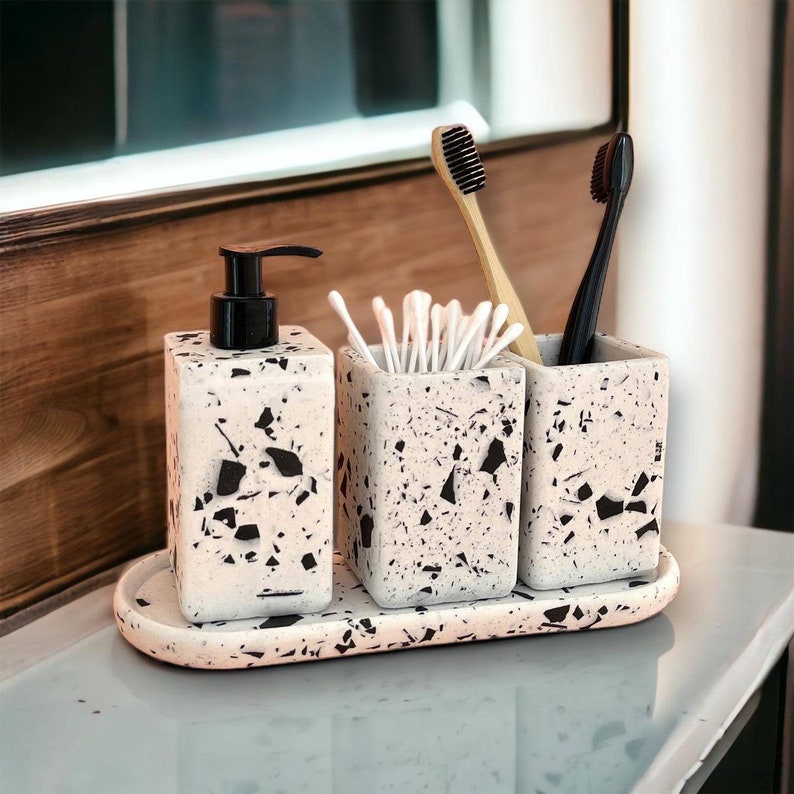 Small Terrazzo Bath Countertop Accessory Set Black and White Etsy