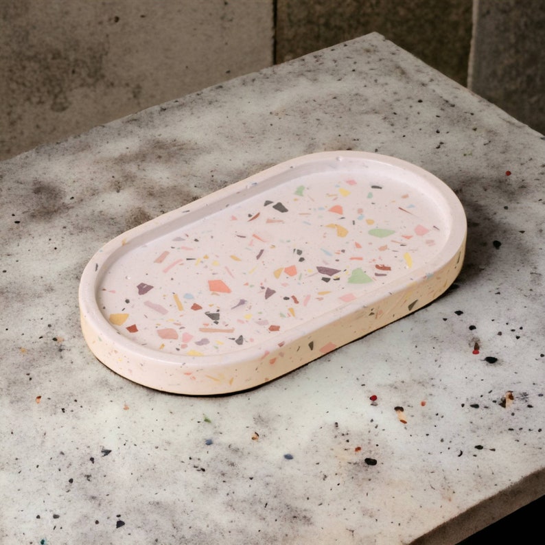 Bathtub Tray with Terrazzo, Serving and Decorative Concrete Tray, Drinking Tray, Candle and Trinket Minimal Tray, New Home Gift Idea image 1
