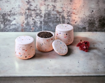 Terrazzo Lidded Spice Jar Set, Empty Candle Box, Concrete Salt Cellar, Gift for Wife, Kitchen Jar with Lid, Colorful Kitchen Pot, Home Gift