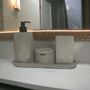 Handmade Concrete Bathroom Set: Soap Dispenser, Toothbrush Holder & Cotton Jar