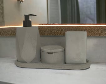 Concrete Bathroom Set, Liquid Soap Dispenser, Small Organizer Lidded Jar, Gray Toothbrush Holder with Tray, Home Decor Gift, Cotton Pad Jar