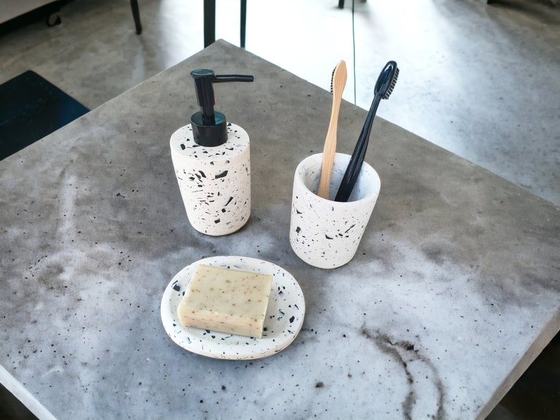 Terrazzo Bathroom Accessory Set Modern Black and White Bath Etsy